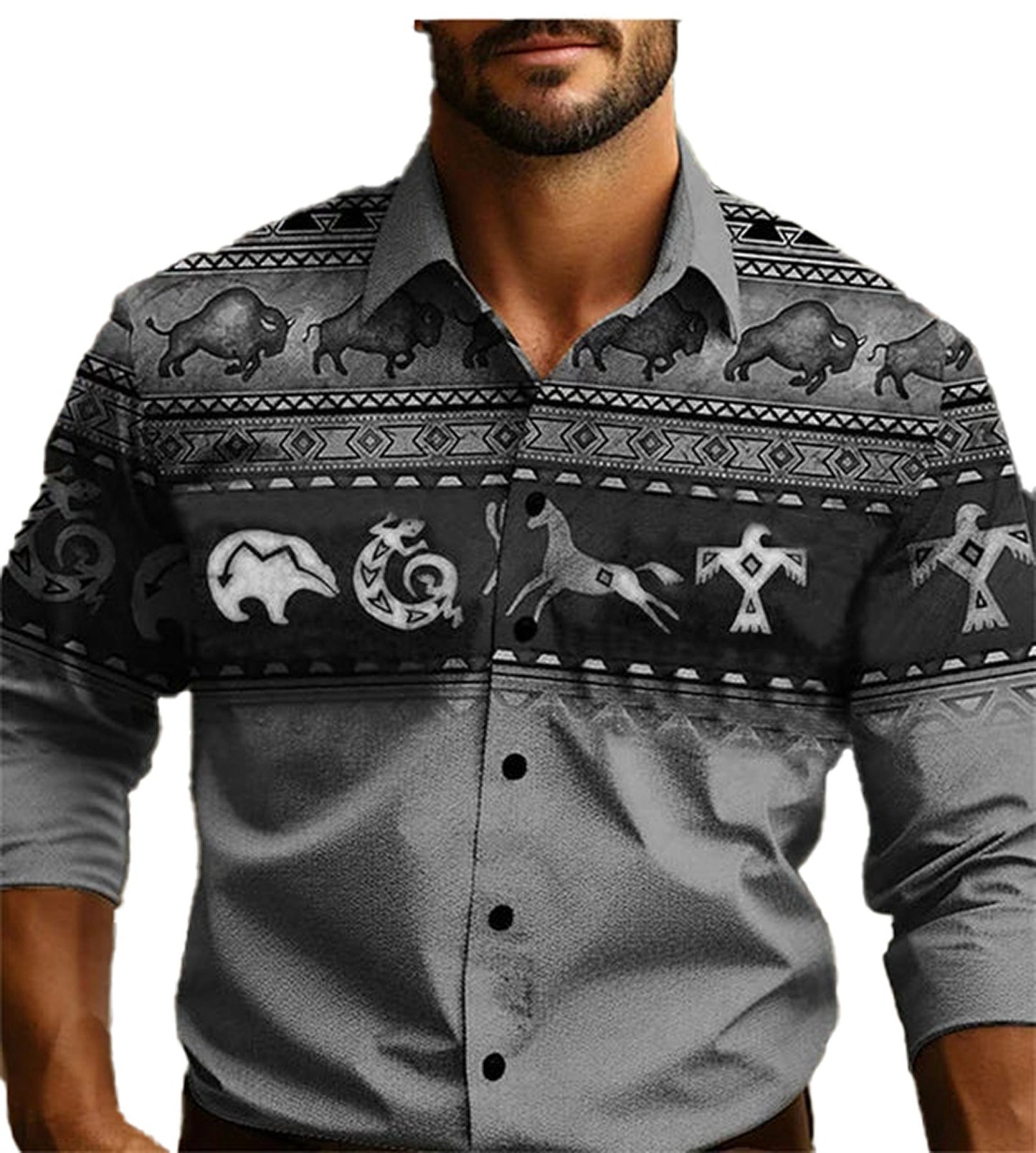 Mens western tribal shirt in gray with bold tribal patterns and animal motifs for a stylish look
