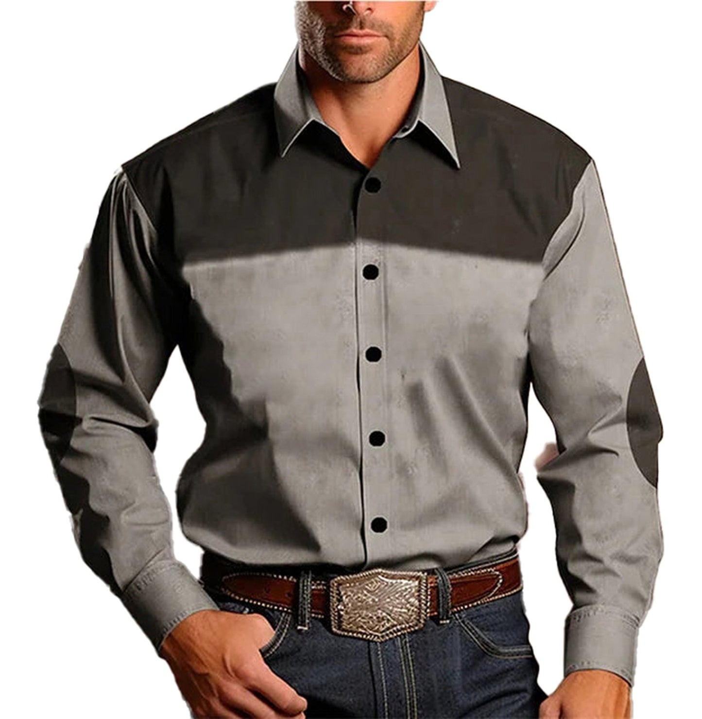 Men's Western Tribal Shirt in Gray with Button Front and Long Sleeves by LuckeLadybug LLC