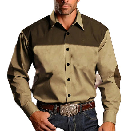 Men's Western Tribal Shirt in Beige with Contrasting Dark Sleeves and Buttons by LuckeLadybug LLC