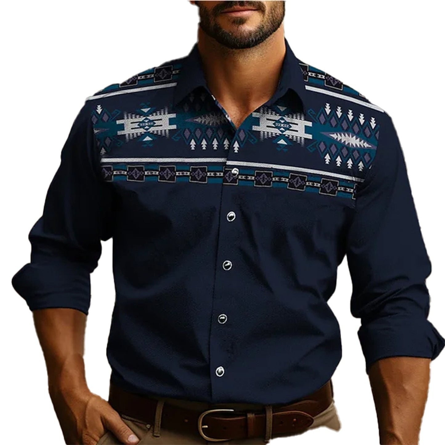 Mens western tribal shirt by LuckeLadybug LLC featuring unique tribal patterns in a stylish navy design