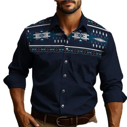 Mens western tribal shirt by LuckeLadybug LLC featuring unique tribal patterns in a stylish navy design