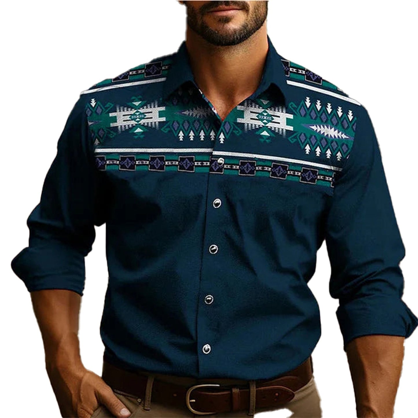 LuckeLadybug LLC mens western tribal shirt featuring tribal patterns on the yoke and a classic fit