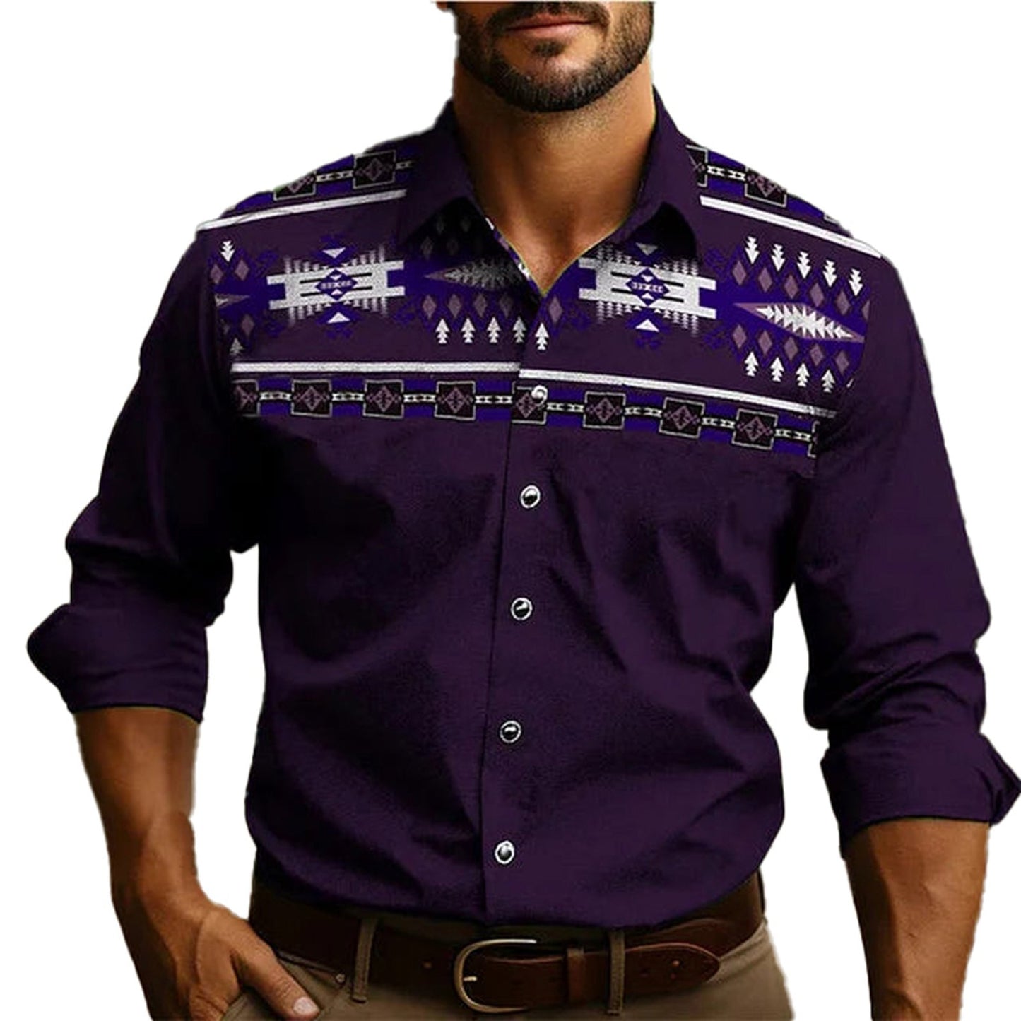 Mens Western Tribal Shirt by LuckeLadybug LLC featuring a stylish purple pattern and modern fit
