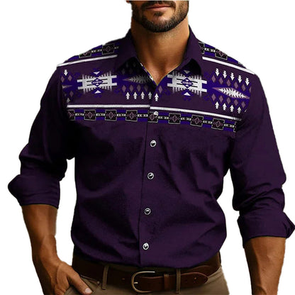 Mens Western Tribal Shirt by LuckeLadybug LLC featuring a stylish purple pattern and modern fit