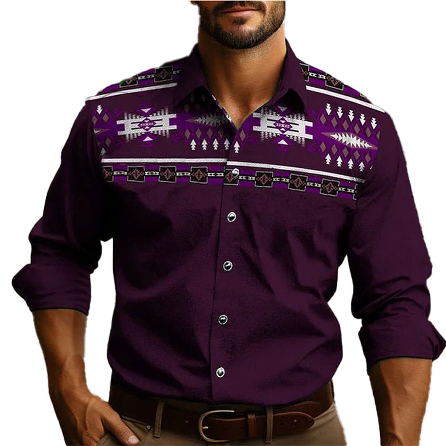 Mens western tribal shirt in purple with vibrant tribal patterns for a stylish look