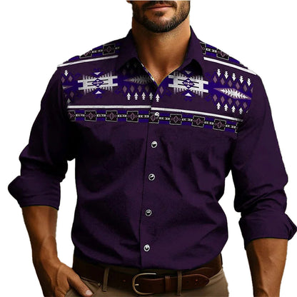 Mens western tribal shirt in deep purple with intricate geometric patterns and stylish fit