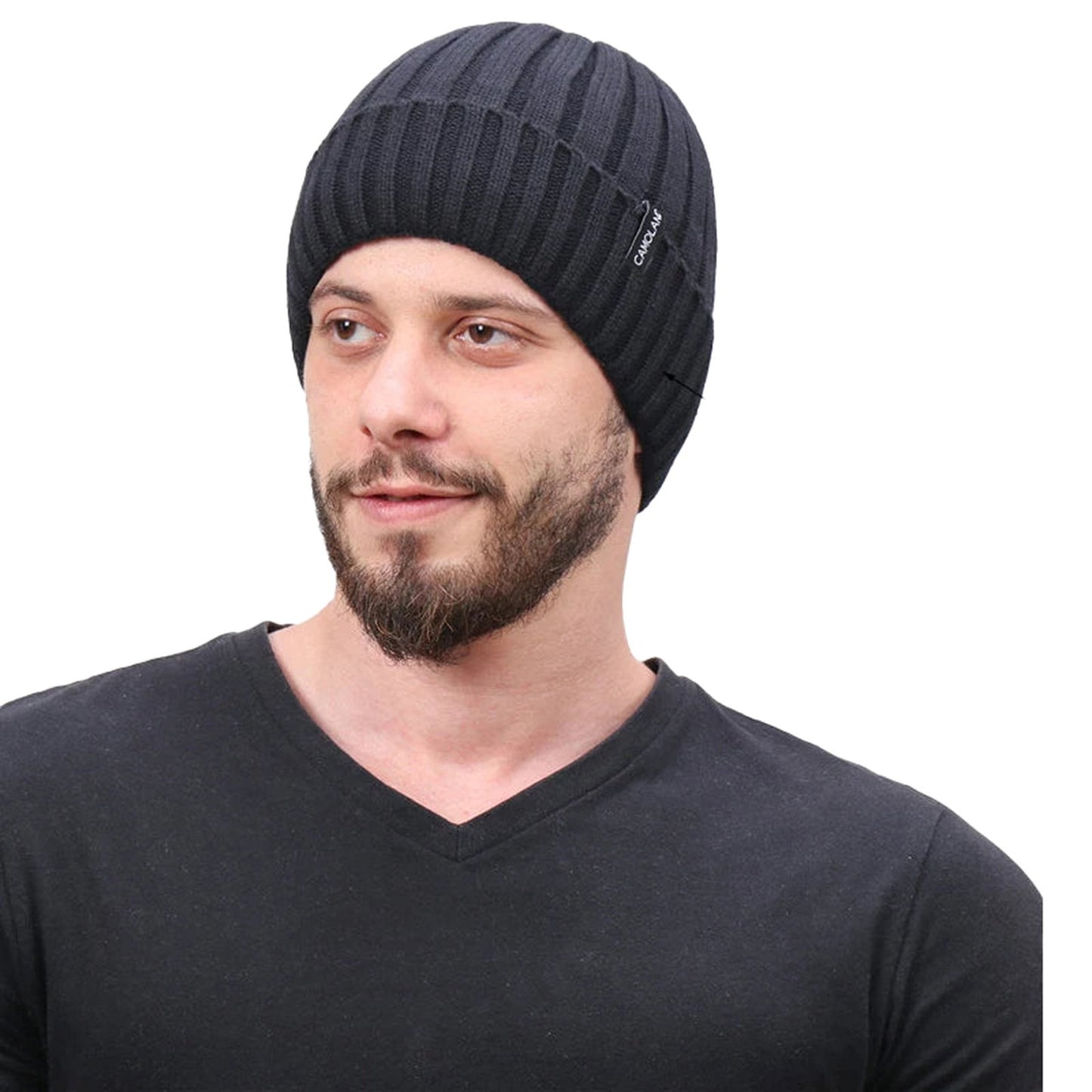LuckeLadybug LLC mens winter knitted beanie in black, perfect for warmth and comfort during cold weather