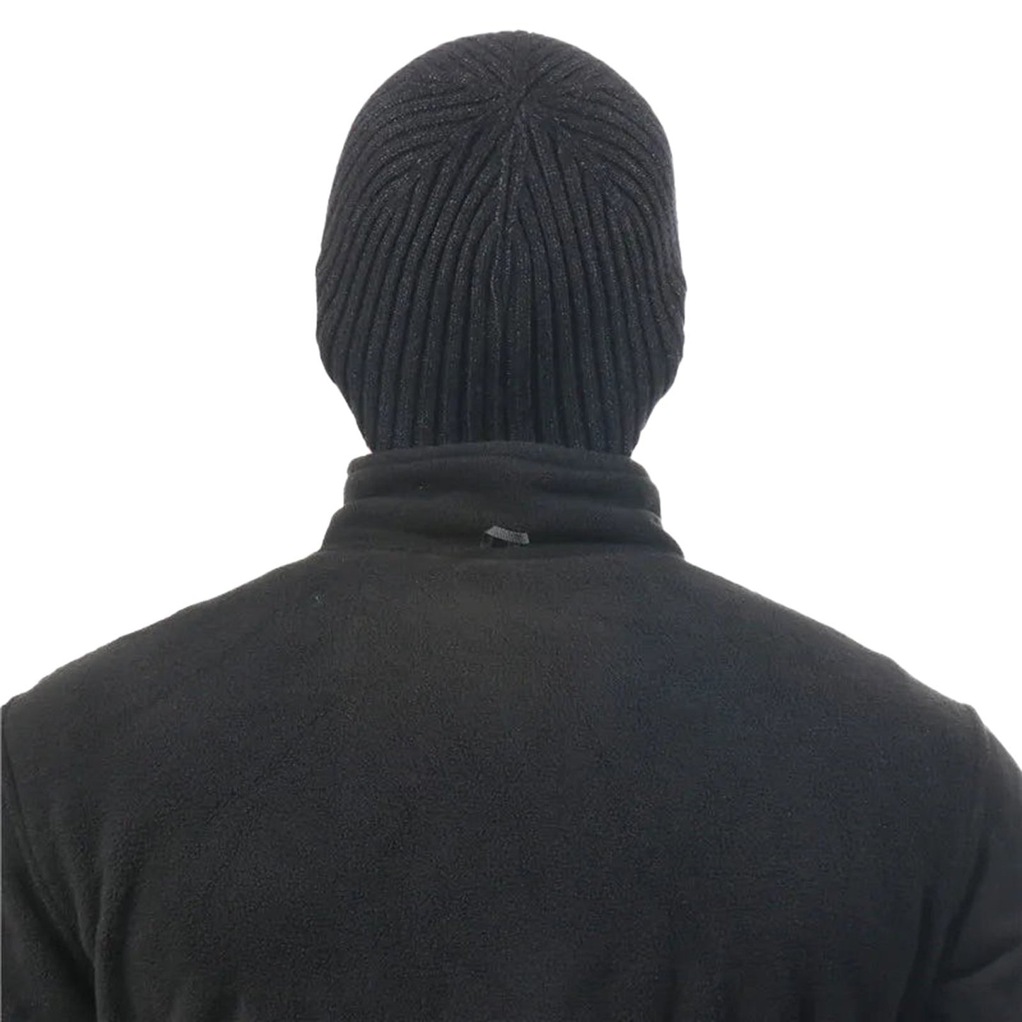 Back view of a black mens winter knitted beanie from LuckeLadybug LLC for cold weather wear