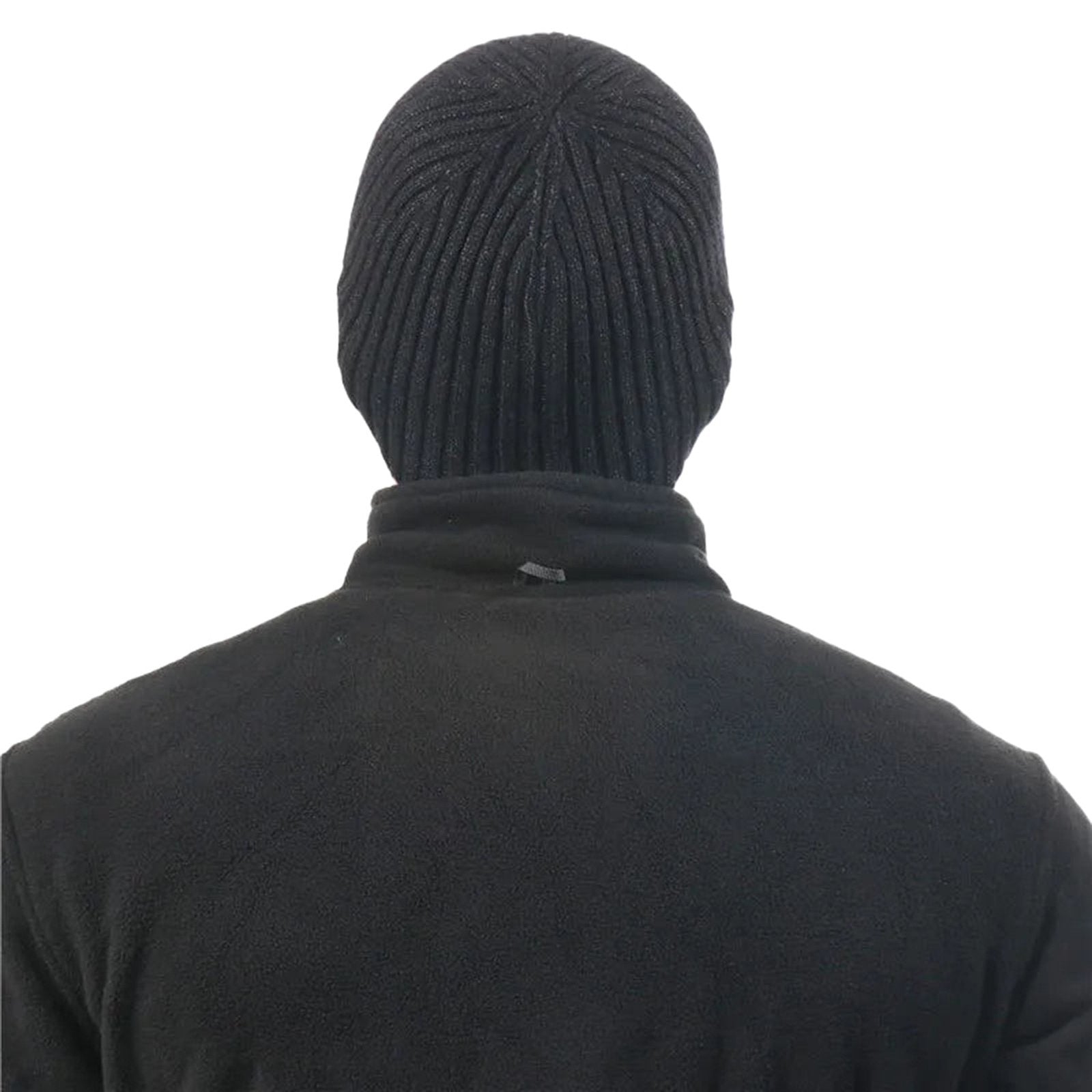 Back view of a black mens winter knitted beanie from LuckeLadybug LLC for cold weather wear