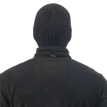 Back view of a black mens winter knitted beanie from LuckeLadybug LLC for cold weather wear