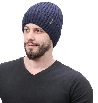 LuckeLadybug mens winter knitted beanie in navy blue, perfect for stylish warmth during cold weather