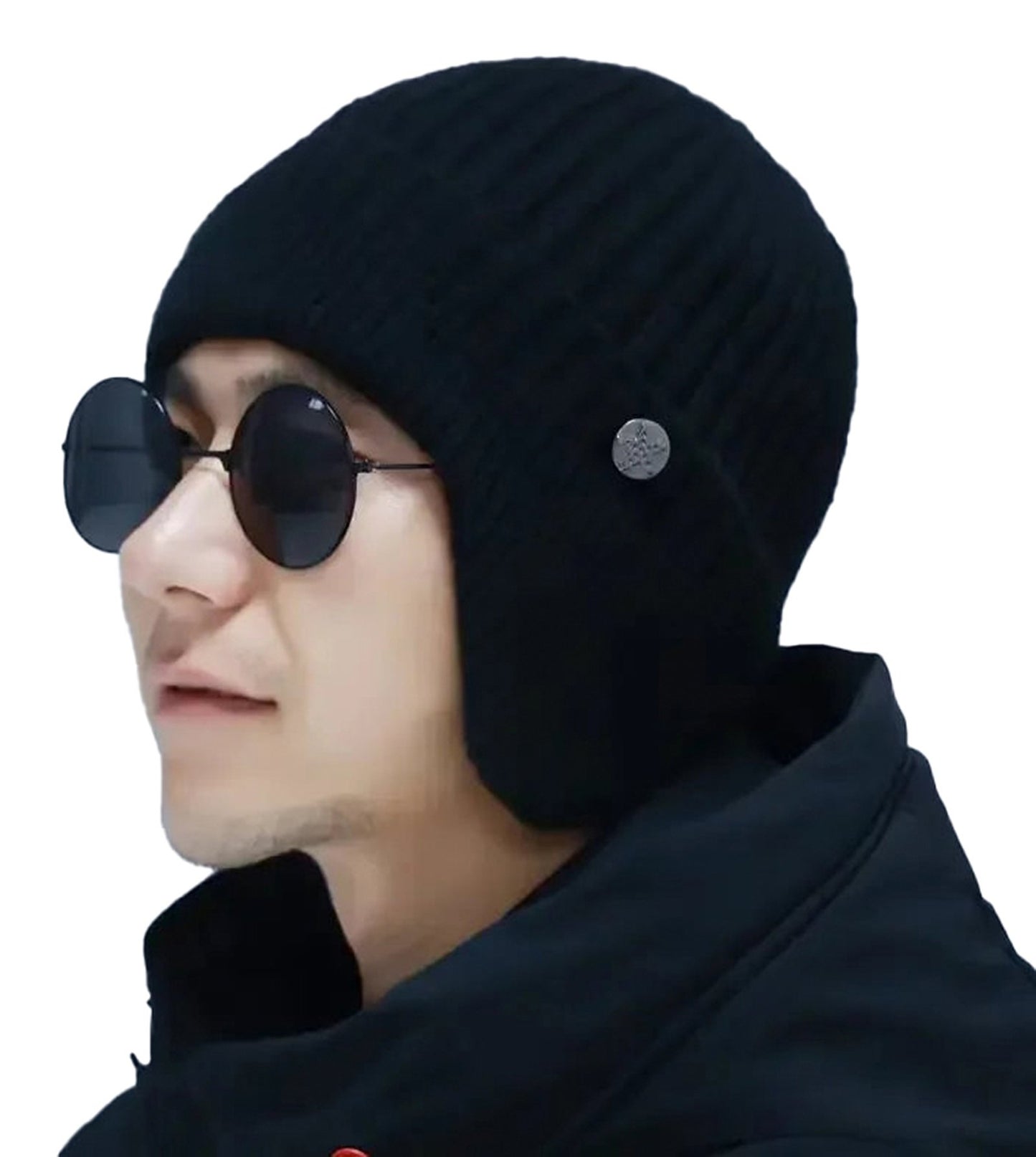 Black men's winter wool beanie with ear flaps and a stylish design for warmth and comfort