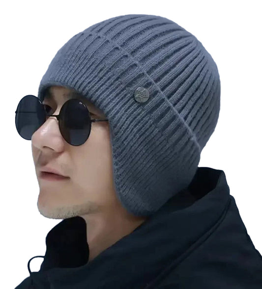 Men's winter wool beanie in gray with a ribbed design and ear flaps for warmth and style
