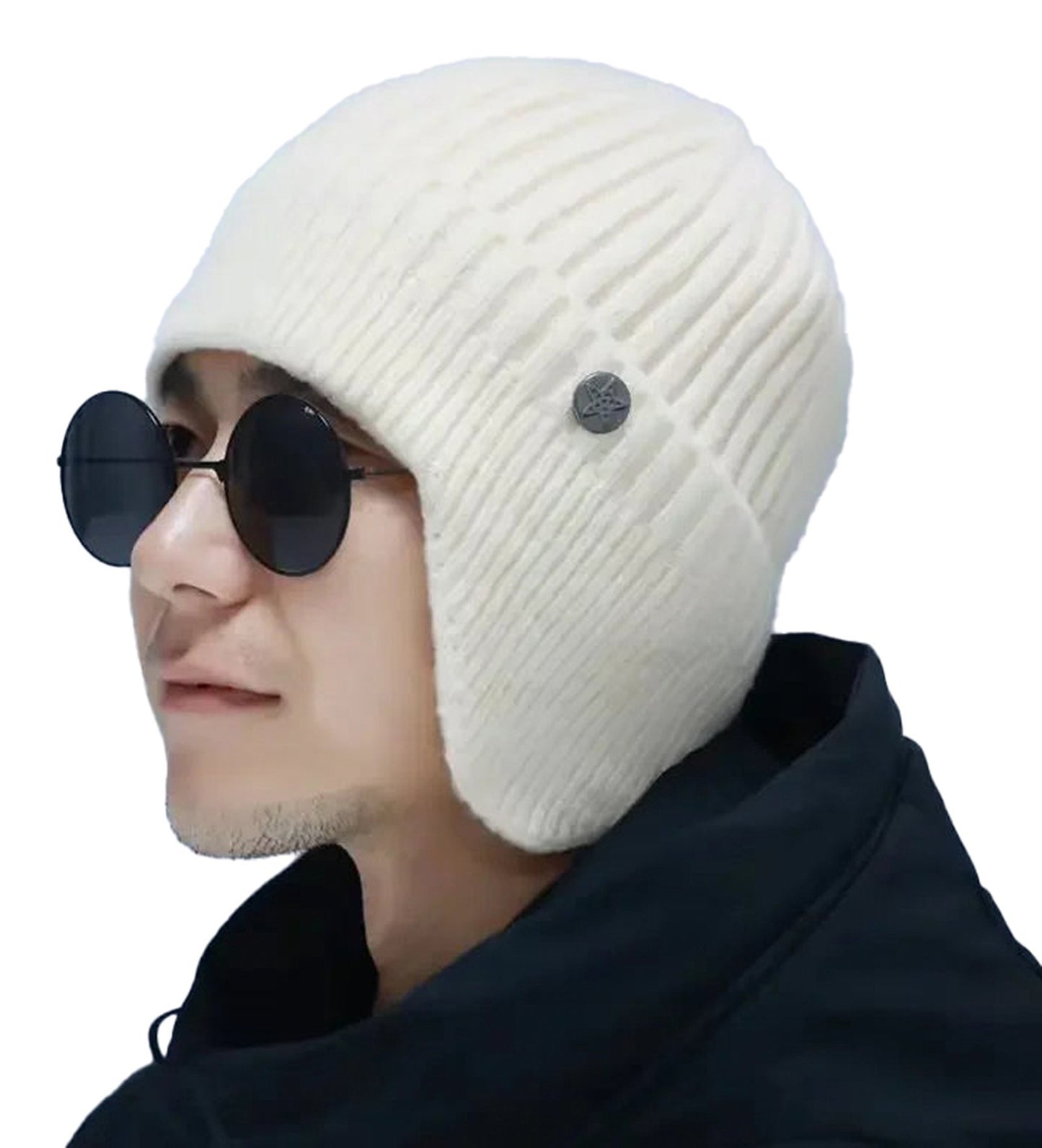 Men's winter wool beanie in cream color with a ribbed texture for warmth and style