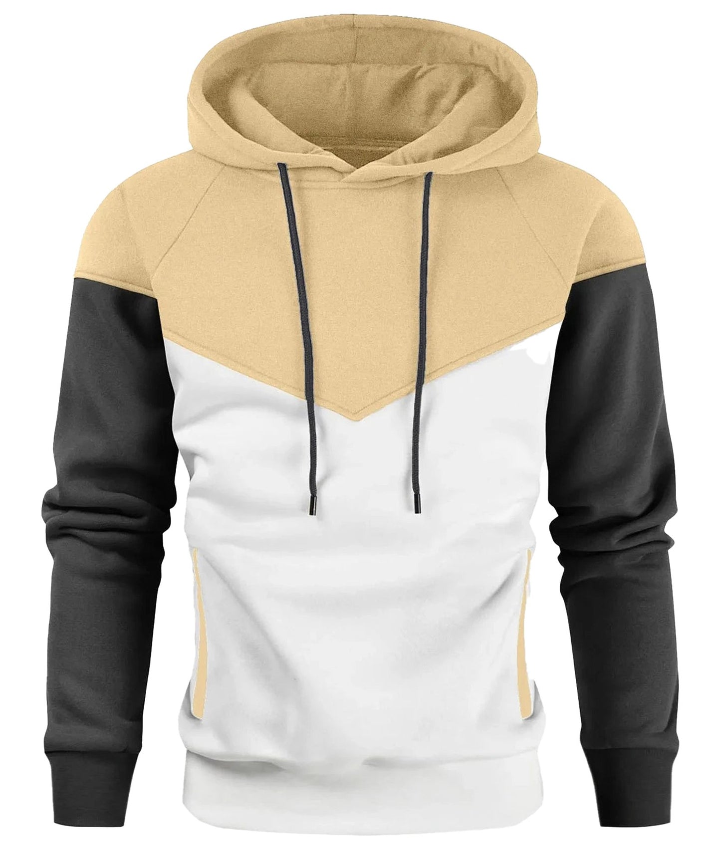 LuckeLadybug men's zip up hoodies high neck in stylish beige, black, and white color-block design
