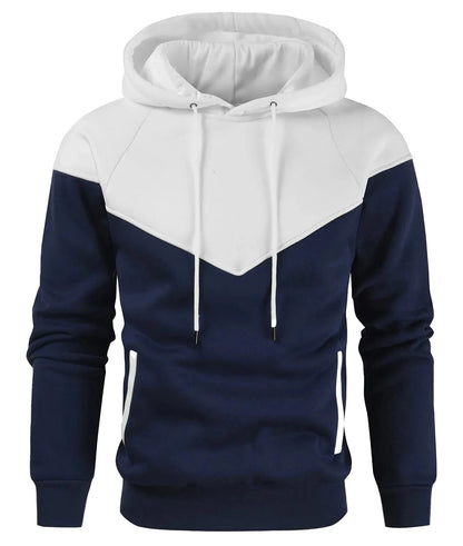 Men's zip up hoodies high neck in navy and white with front pockets and adjustable drawstrings