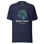 Navy blue LuckeLadybug mental health is health shirt with brain circuit design