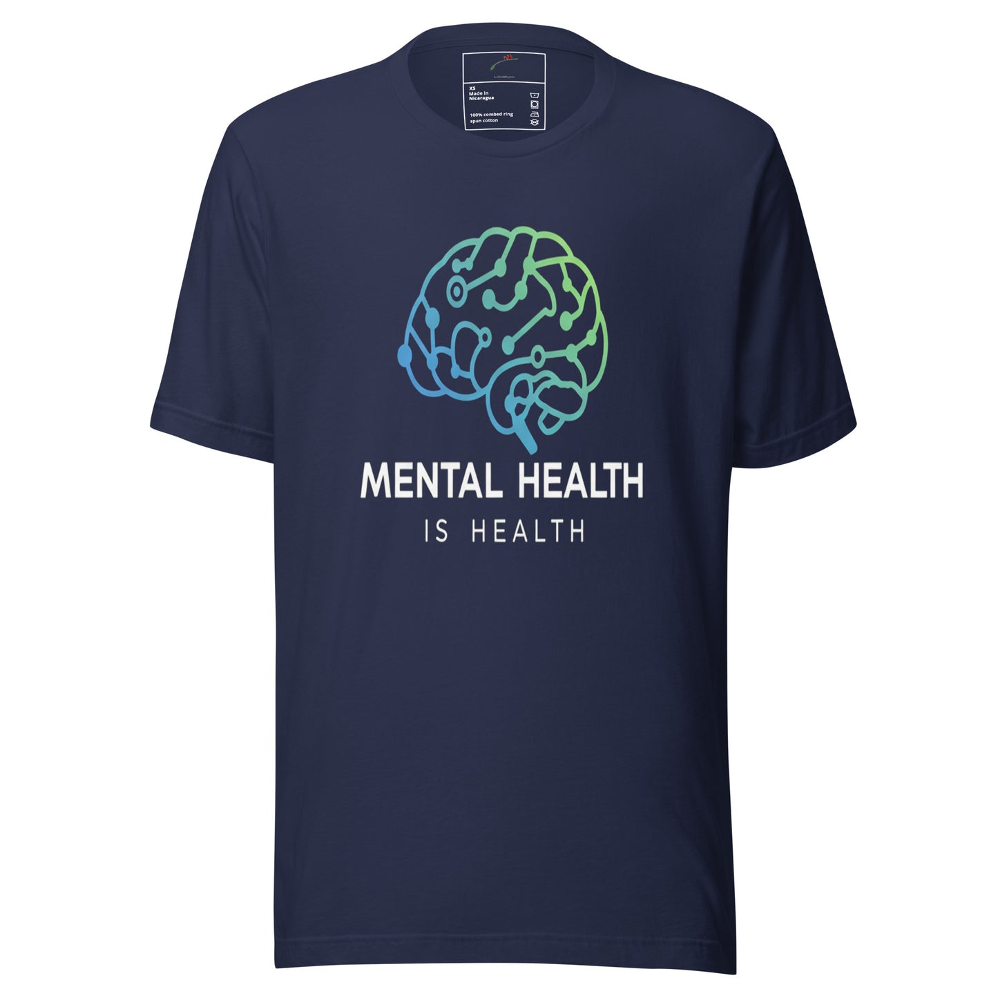 Navy blue LuckeLadybug mental health is health shirt with brain circuit design