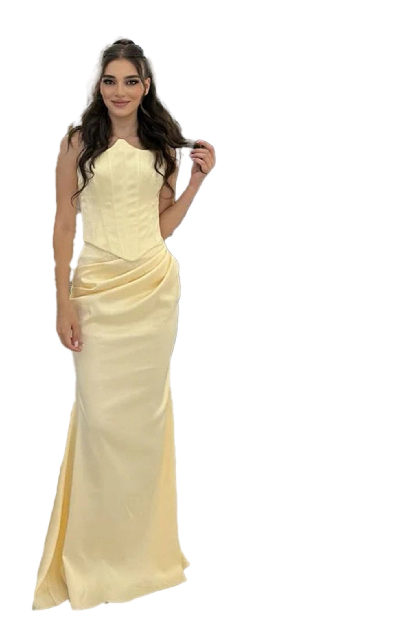 Elegant yellow mermaid evening gown for women, featuring a fitted silhouette and strapless design