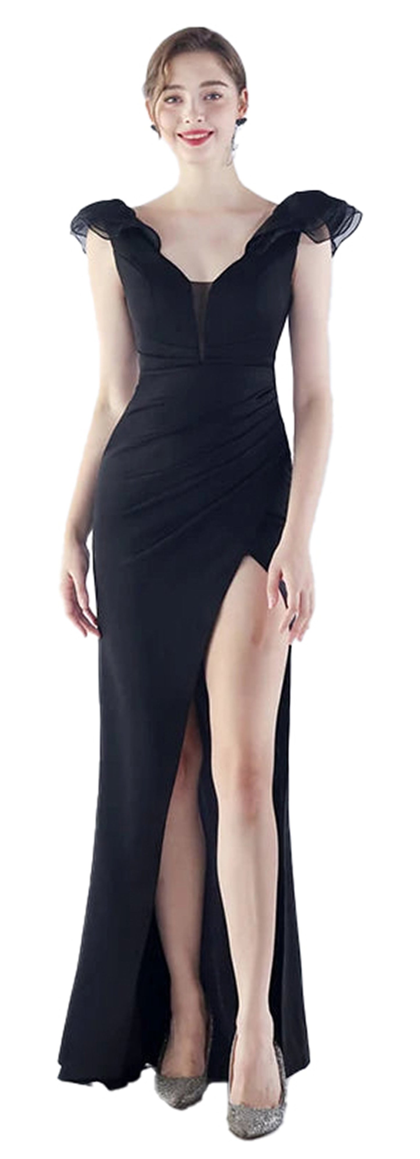 Elegant mermaid satin evening dress with ruffled sleeves and a thigh-high slit