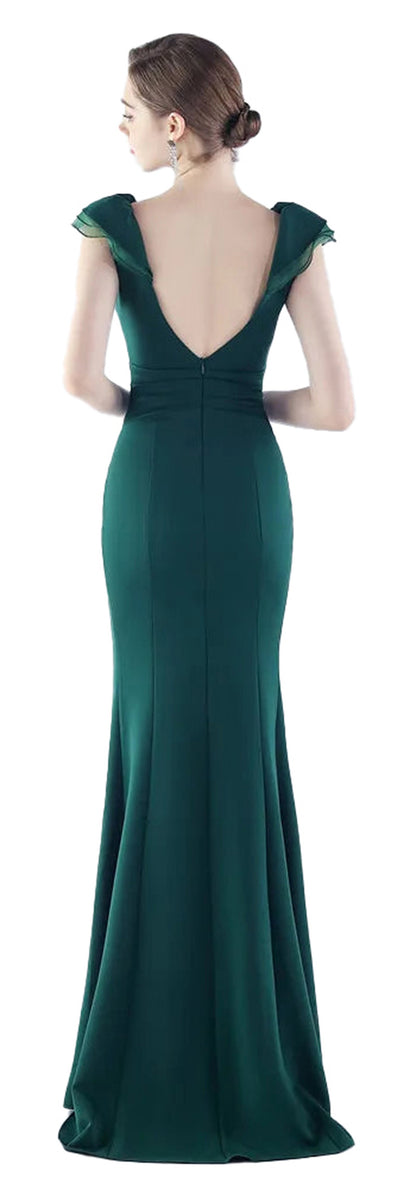 Elegant green mermaid satin evening dress with a V back and cap sleeves for formal occasions