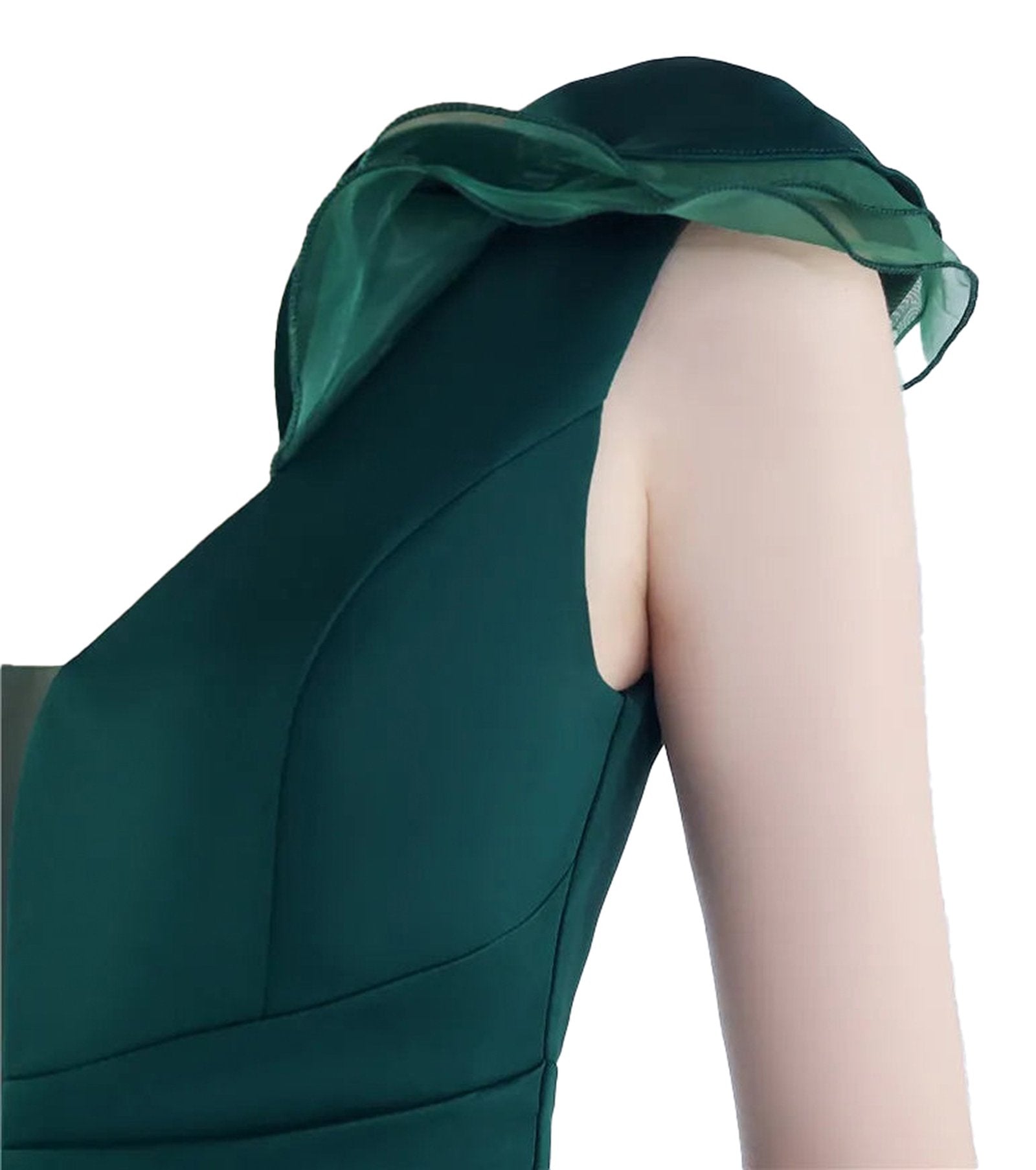 Elegant mermaid satin evening dress with sheer puff sleeves in deep green color