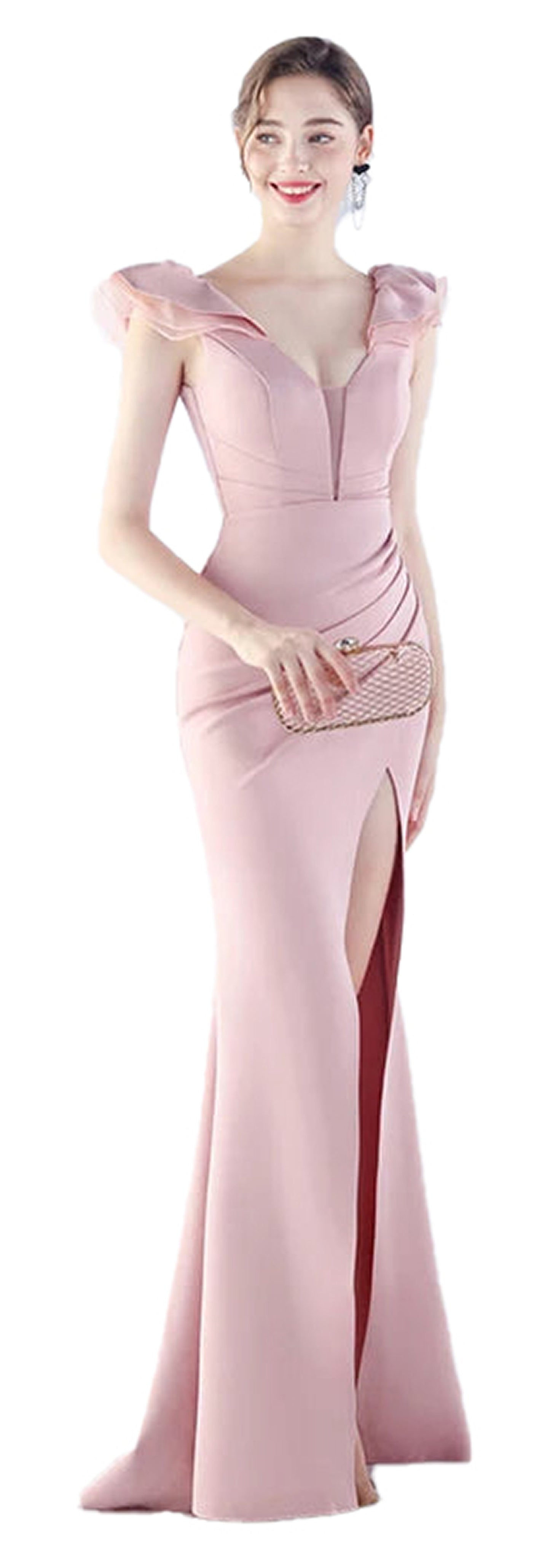 Elegant mermaid satin evening dress in pink with ruffled sleeves and a thigh-high slit