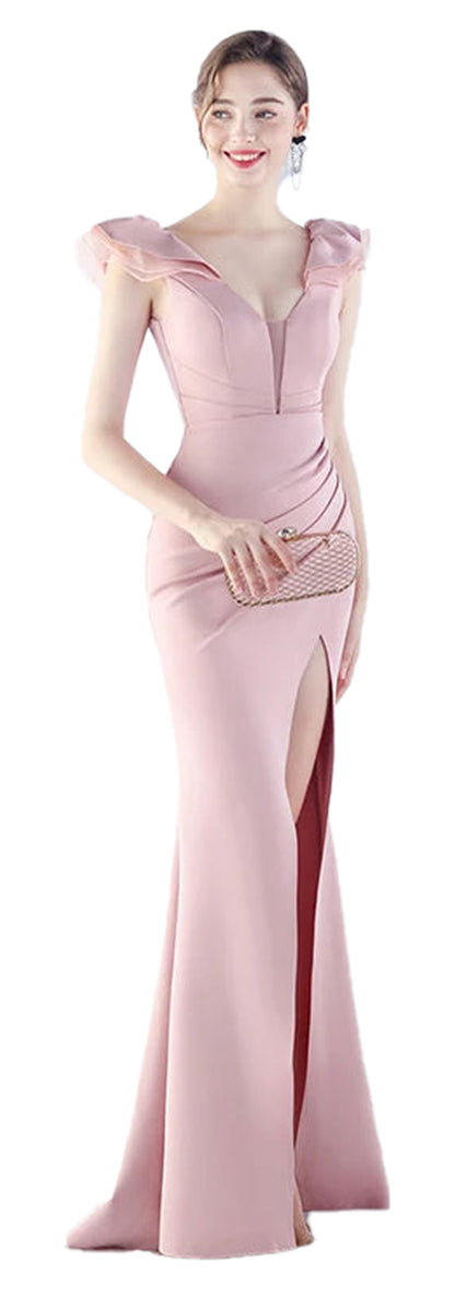 Elegant mermaid satin evening dress in pink with ruffled sleeves and a thigh-high slit