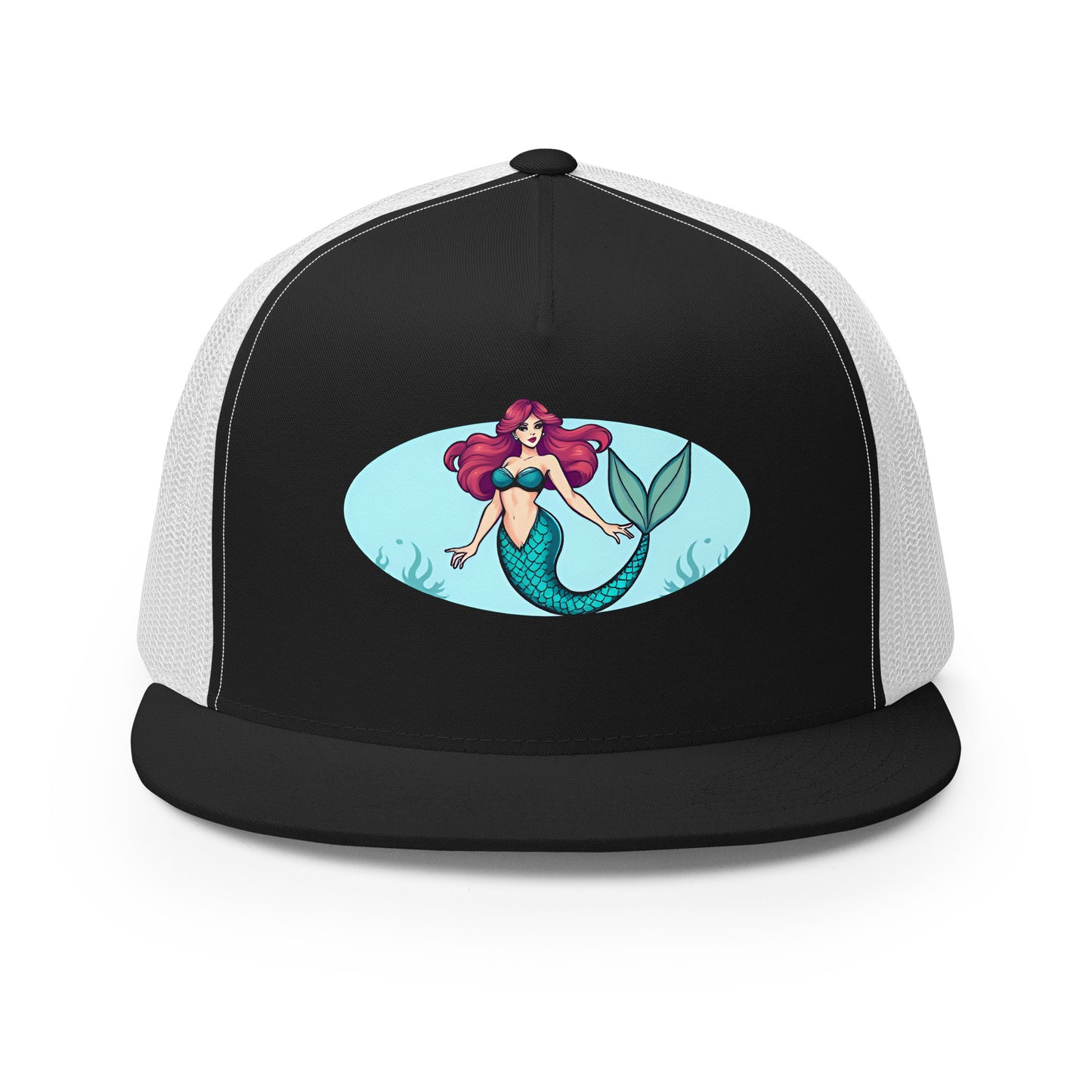 Black and white mermaid trucker hat with colorful mermaid graphic on front panel