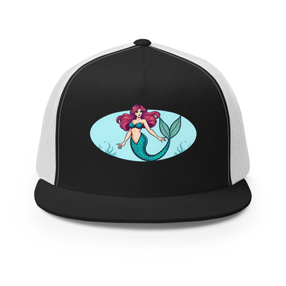 Black and white mermaid trucker hat with colorful mermaid graphic on front panel