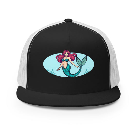Black and white mermaid trucker hat with colorful mermaid graphic on front panel