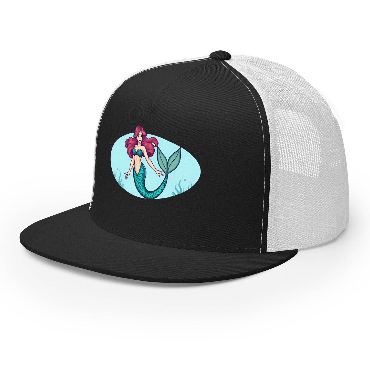 LuckeLadybug black and white mermaid trucker hat with colorful mermaid graphic on front panel
