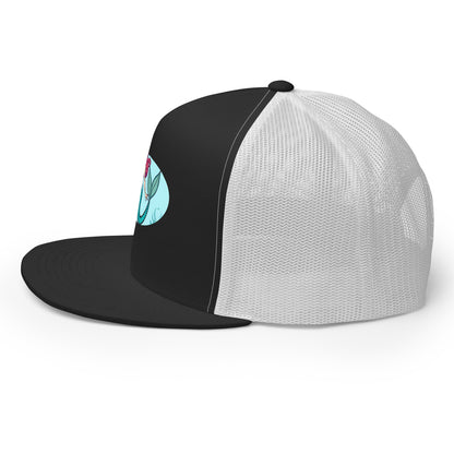 Black and white mesh LuckeLadybug mermaid trucker hat with flat brim and colorful front design