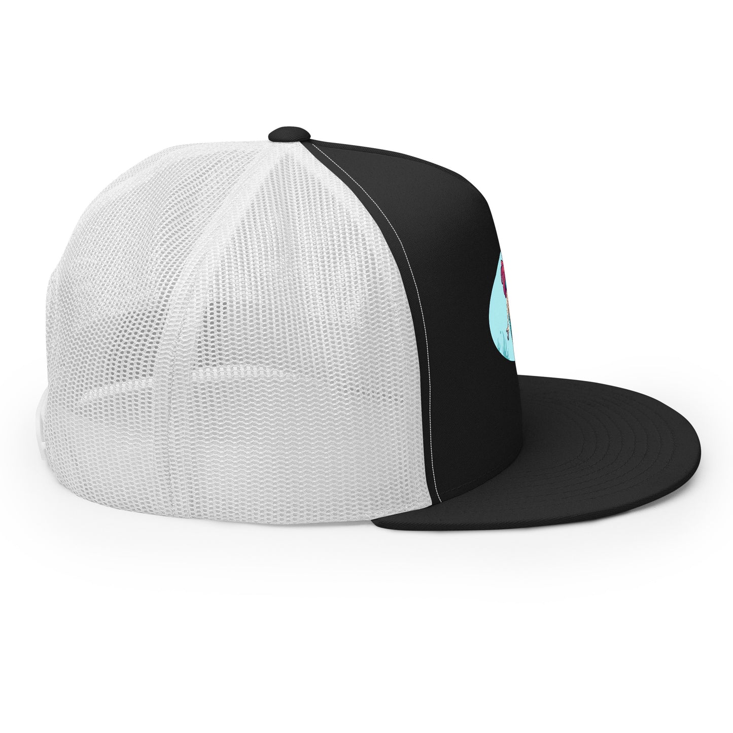 LuckeLadybug black and white mesh mermaid trucker hat with flat brim and adjustable back