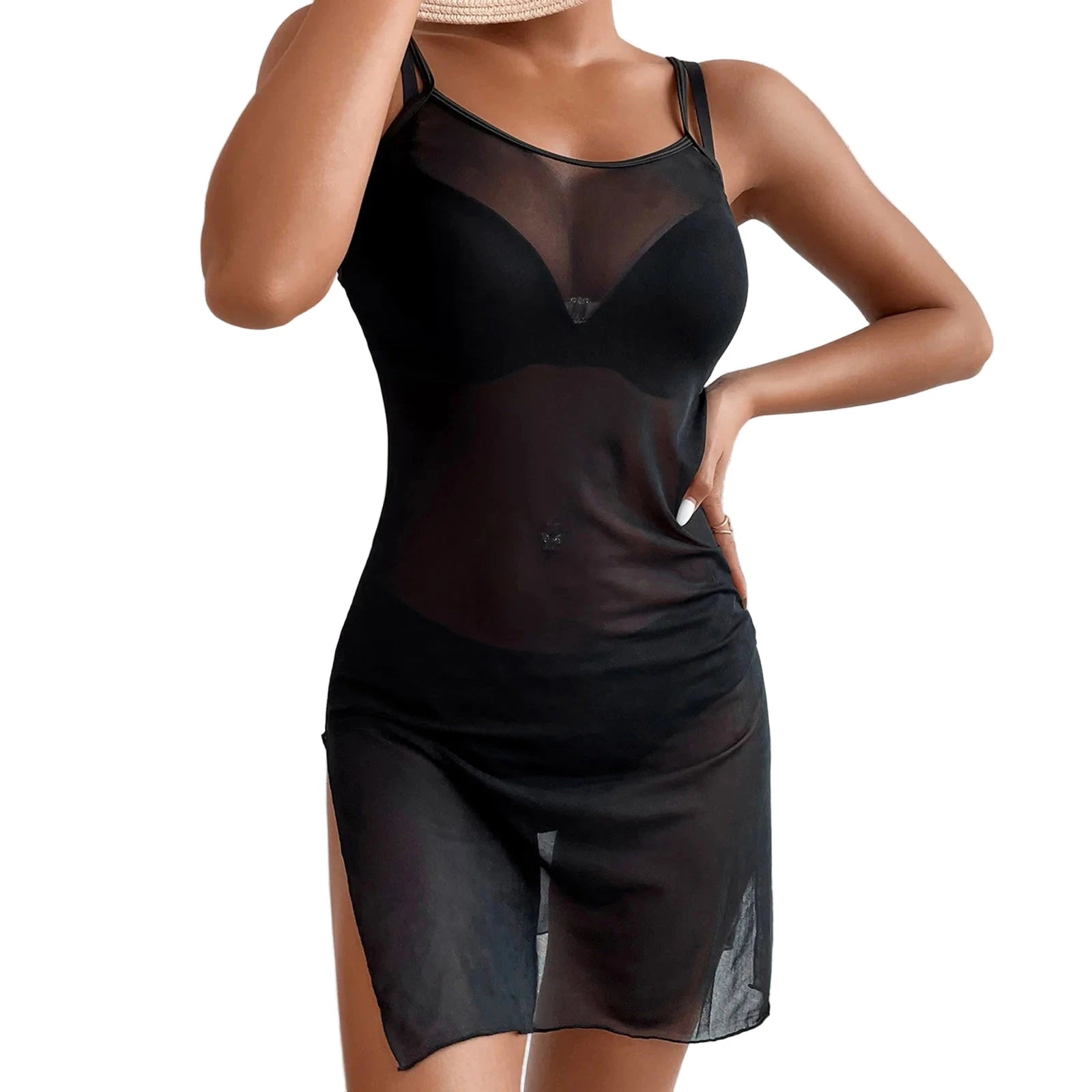 Black mesh beach cover up dress with adjustable straps for a stylish summer look
