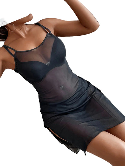Black mesh beach cover up dress with a fitted design and adjustable straps for summer style