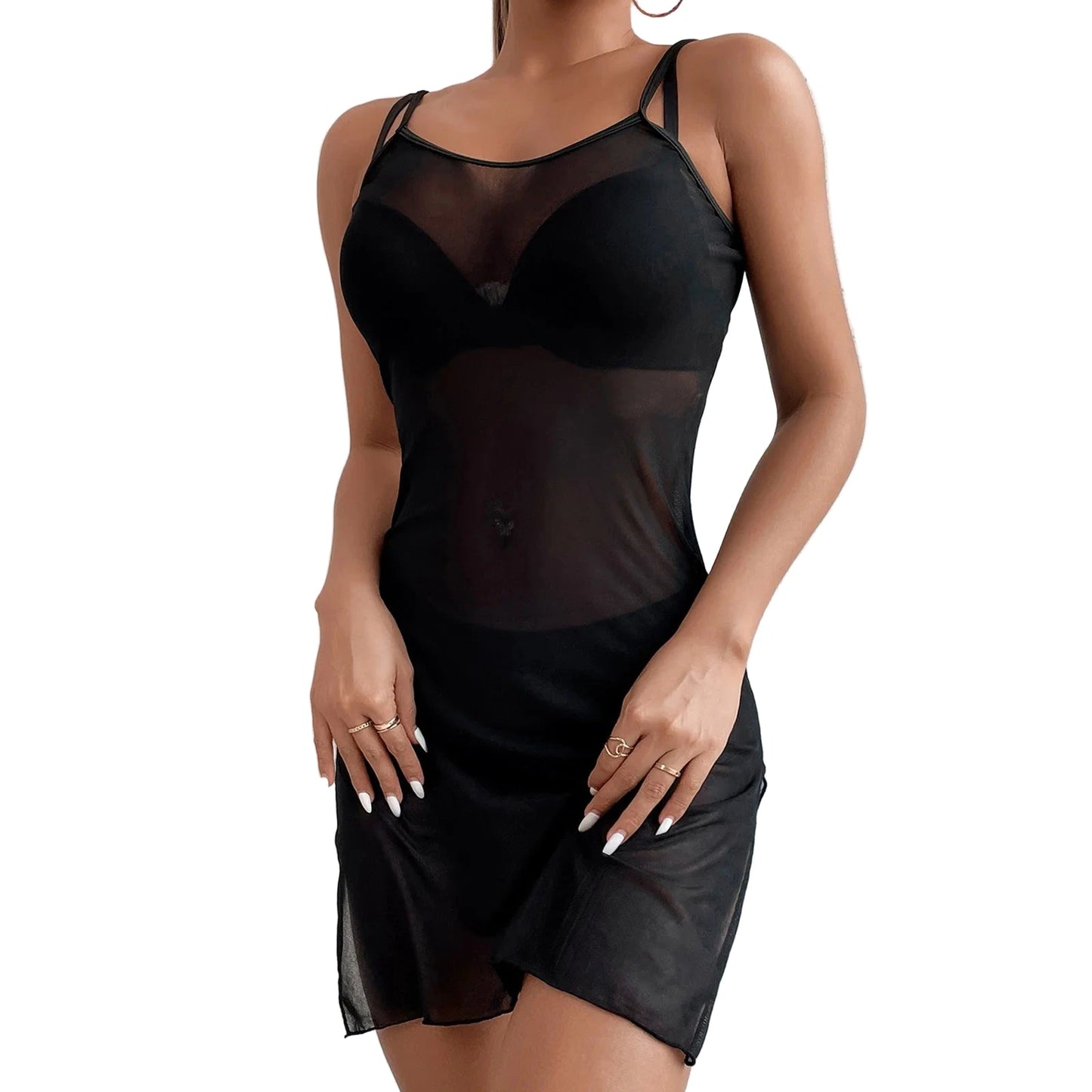 Stylish black mesh beach cover up dress with adjustable straps for a chic summer look