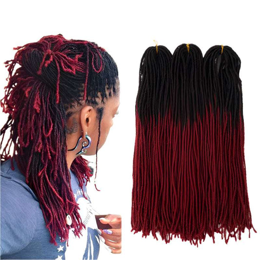 Micro faux locs for women in black and burgundy by LuckeLadybug LLC shown worn and bundled