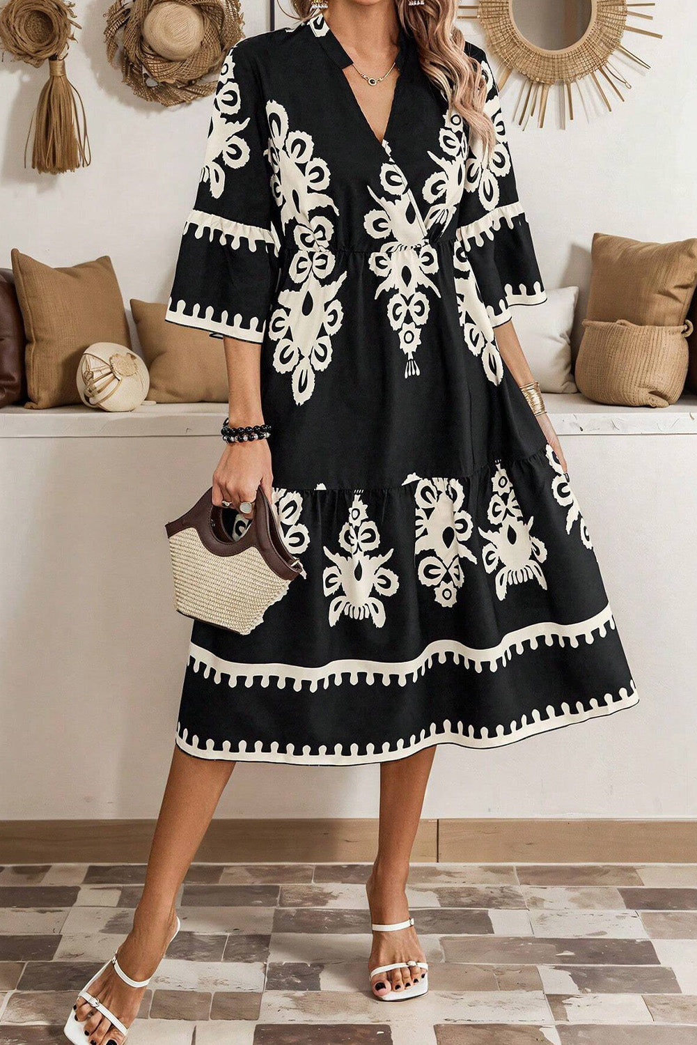 LuckeLadybug LLC Black Fit & Flare Midi Dress with Floral Embroidery and Bell Sleeves