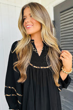 LuckeLadybug LLC Fit & Flare Black Midi Dress with Smocked Detailing and Stylish Long Sleeves