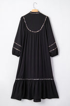 LuckeLadybug LLC Black Fit & Flare Midi Dress with Puff Sleeves and Ruffled Hem