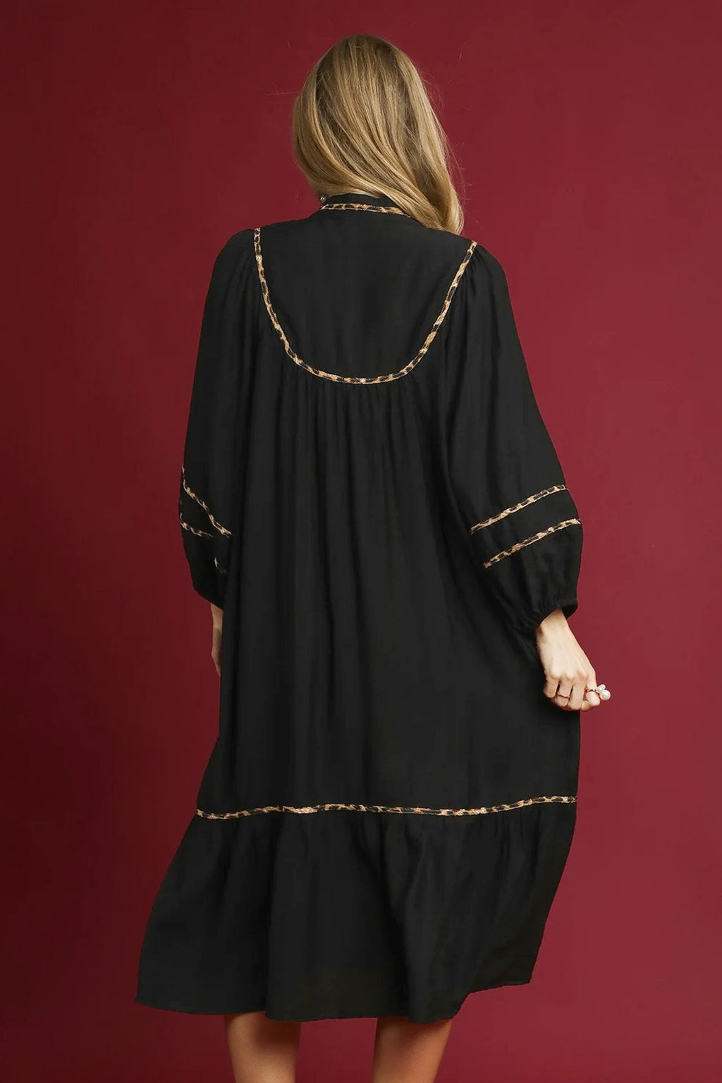 LuckeLadybug LLC Black Fit & Flare Midi Dress with Gold Trim and Flowing Silhouette