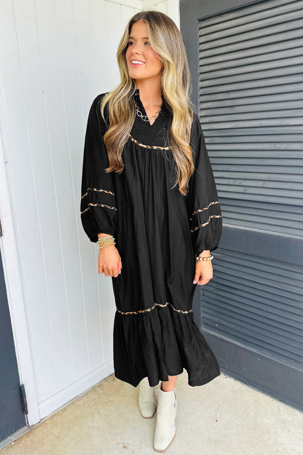 LuckeLadybug LLC Black Fit & Flare Midi Dress with Puff Sleeves and Embellished Detailing