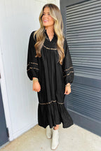 LuckeLadybug LLC Black Fit & Flare Midi Dress with Puff Sleeves and Embellished Detailing
