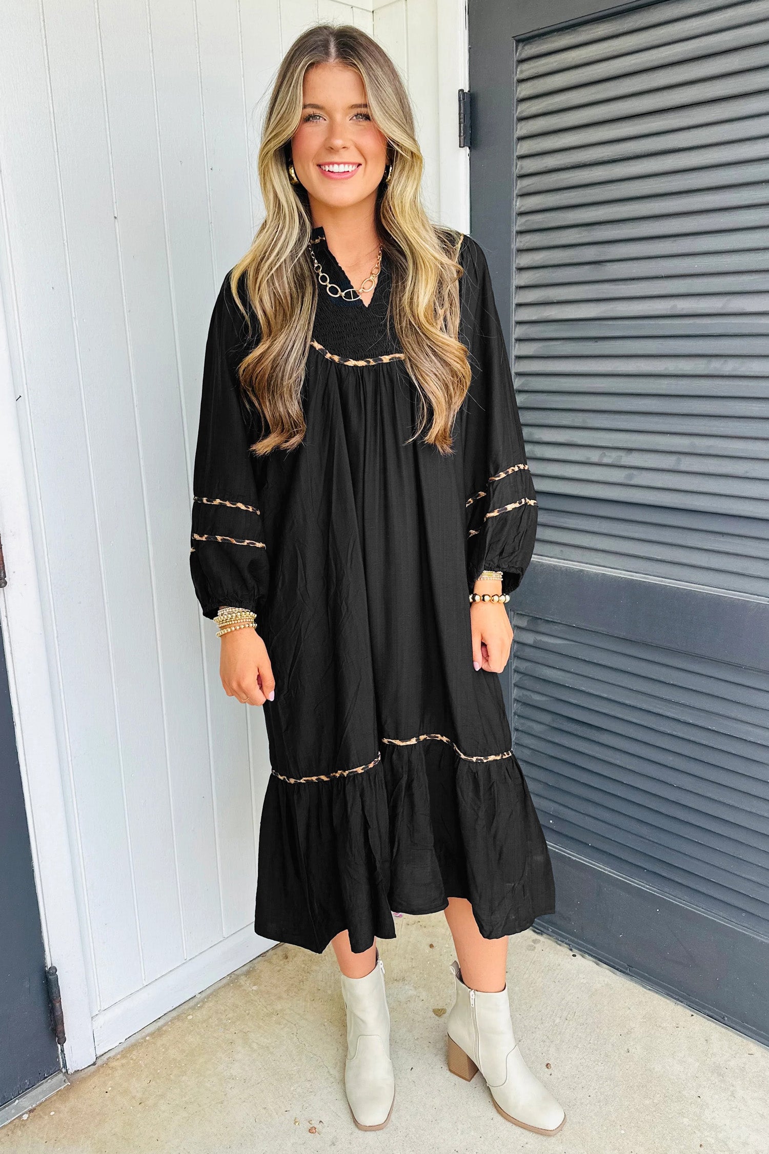 LuckeLadybug LLC Black Midi Dress with Fit and Flare Design and Long Sleeves