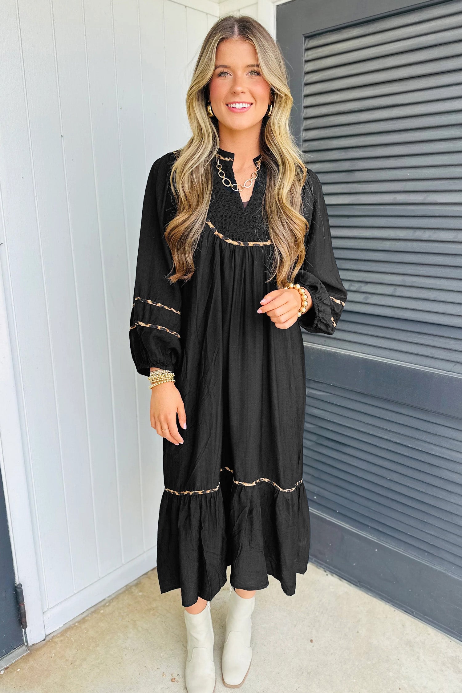 LuckeLadybug LLC Black Midi Dress with Fit and Flare Style and Elegant Detailing
