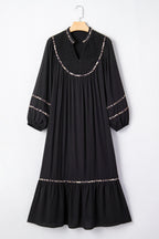 LuckeLadybug LLC black fit and flare midi dress with puff sleeves and decorative trim details