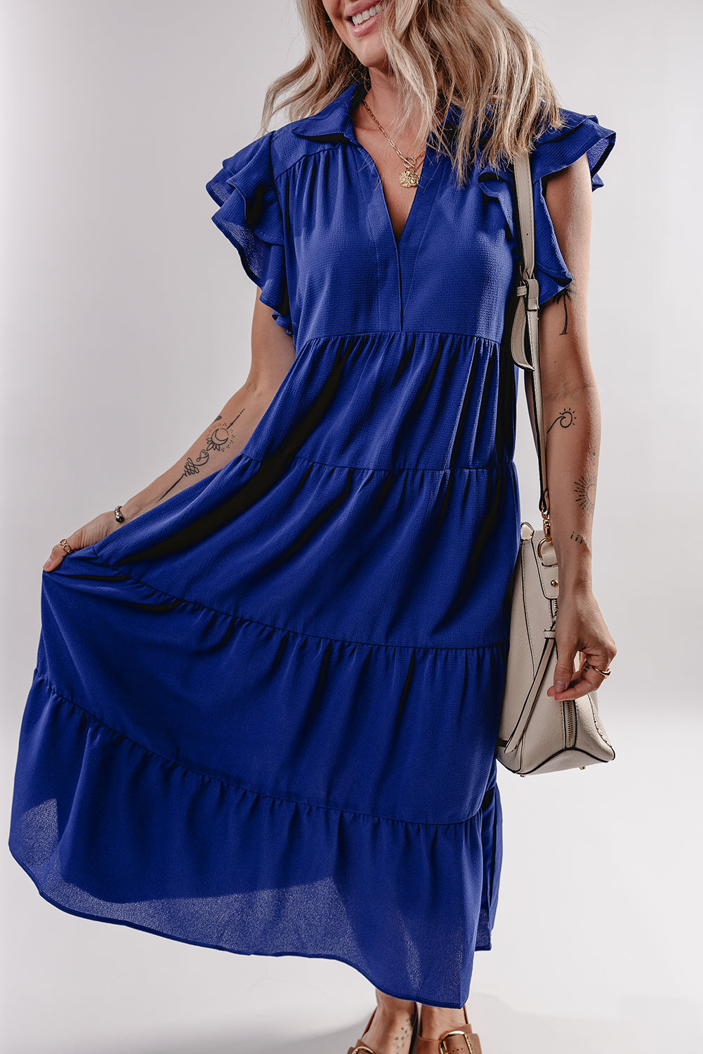 LuckeLadybug LLC Fit & Flare Midi Dress in Royal Blue with Ruffle Sleeves and Tiered Skirt