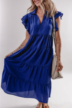 LuckeLadybug LLC Fit & Flare Midi Dress in Royal Blue with Ruffle Sleeves and Tiered Skirt