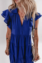 Blue Fit & Flare Midi Dress with Ruffled Sleeves and Tiered Skirt from LuckeLadybug LLC